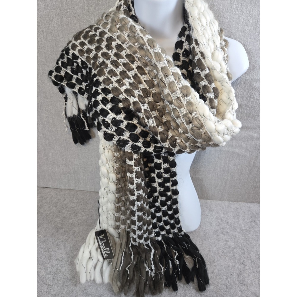 SIMPLY NOELLE Scarf Chunky CABLE Knit Woven Scarf Fringe Black White Gray NEW